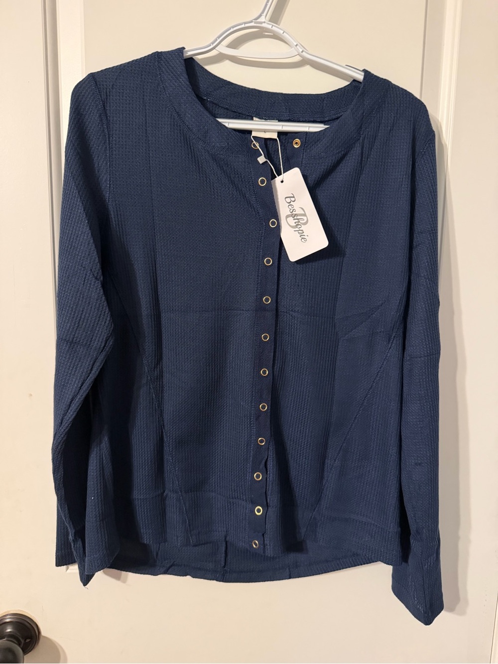 Navy Button-Front Long Sleeve Top